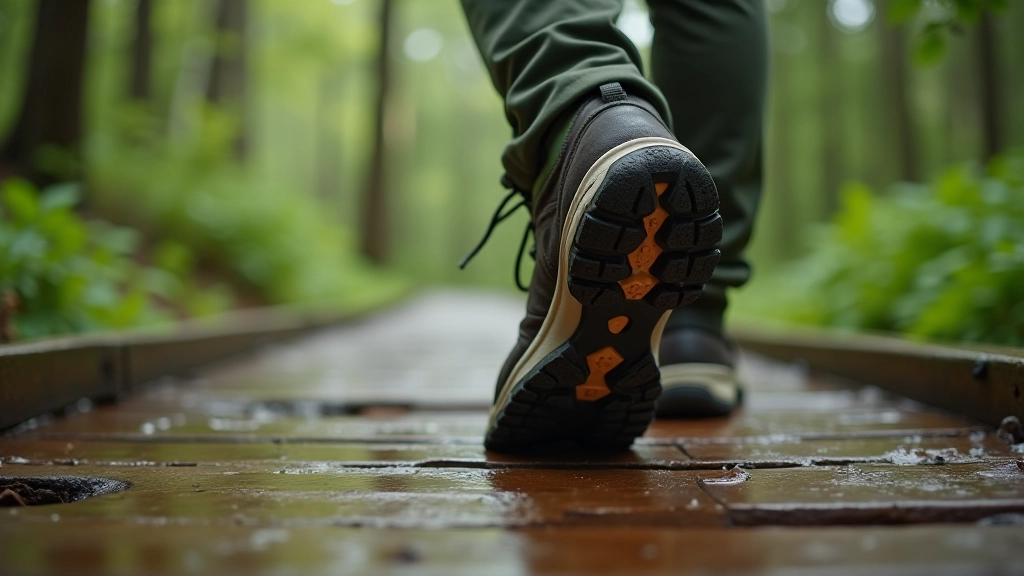 Primer plano de zapatos deportivos de senderismo con suela resistente sobre un tablado de madera mojado en el bosque
