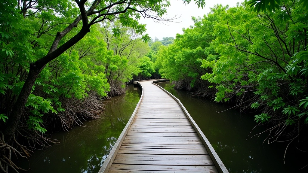 Vista panorámica del Bosque Estatal de Aguirre con tablados de madera sobre la ciénaga y vegetación nativa