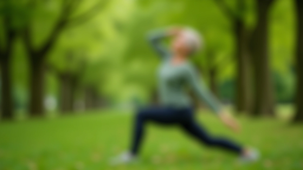 Persona mayor haciendo ejercicios de estiramiento en un parque verde con árboles de fondo, postura de flexibilidad