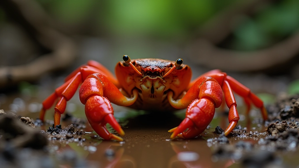 Cangrejo de tierra rojo en el suelo del bosque húmedo cerca de raíces de manglar