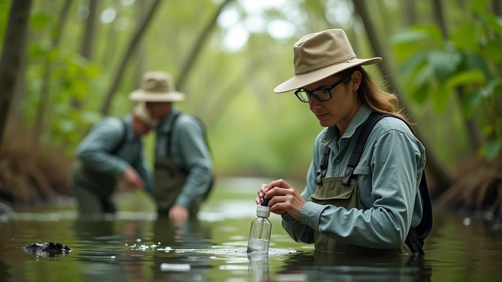 Investigadores científicos estudiando la calidad del agua en el Bosque Estatal de Aguirre