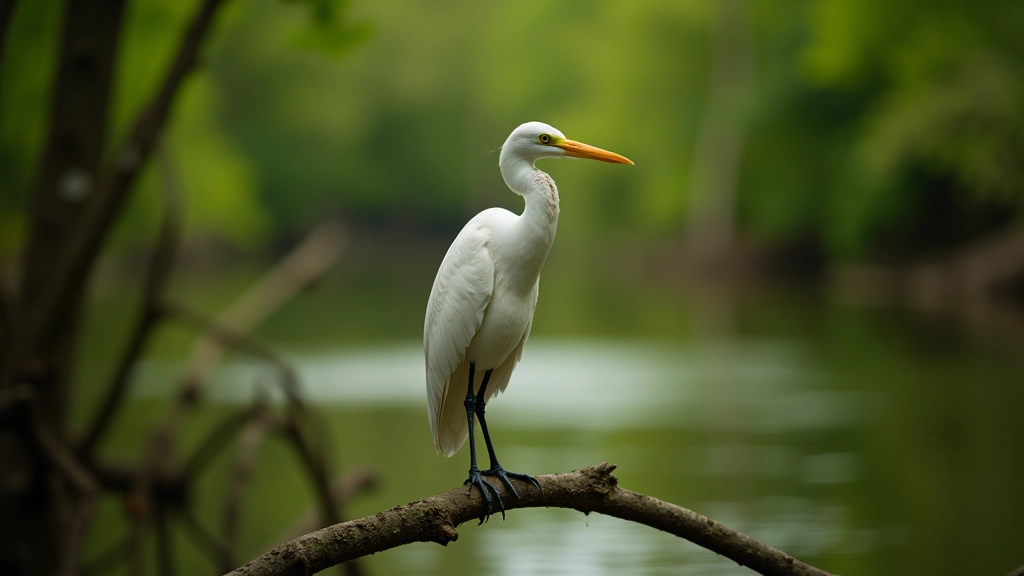 Garza de cuello blanco posada en una rama junto al tablado del bosque de ciénaga