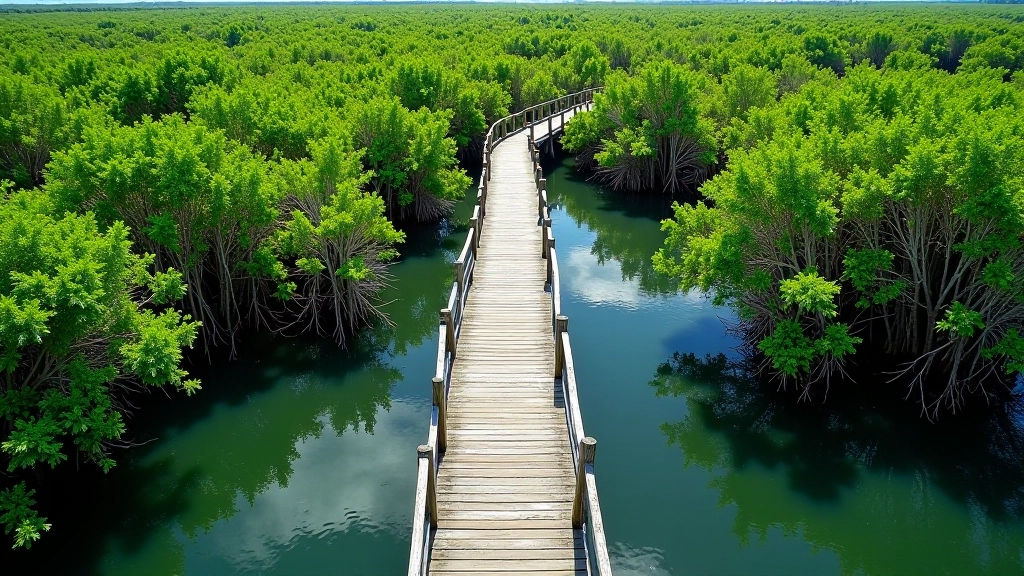 Vista panorámica del Bosque Estatal de Aguirre con tablados de madera sobre agua de ciénaga
