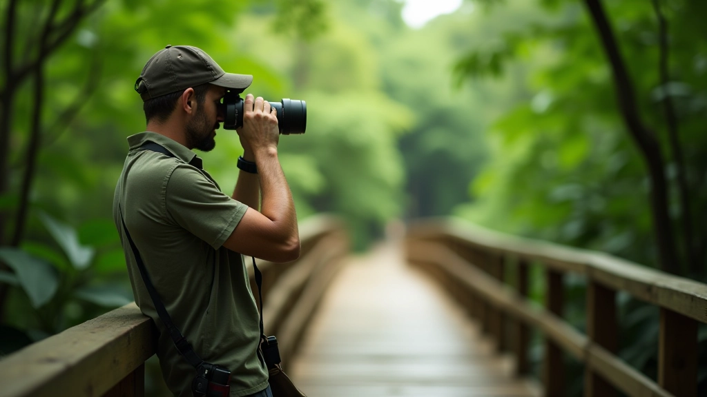 Fotógrafo con cámara y lentes de zoom largo en un tablado del bosque, observando aves en la distancia