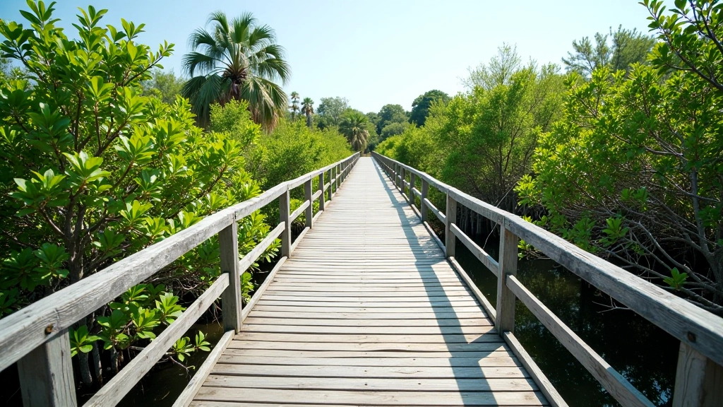Tablados de madera elevados sobre agua de ciénaga, permitiendo acceso seguro sin daño al ecosistema