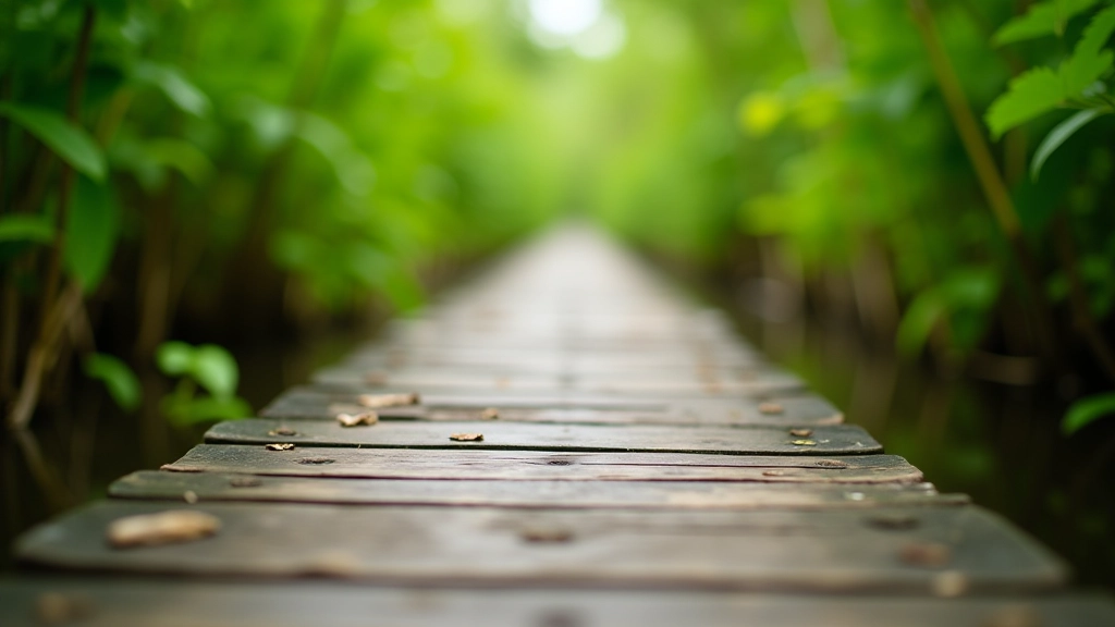 Tablado de madera serpentea a través de vegetación densa de bosque húmedo tropical