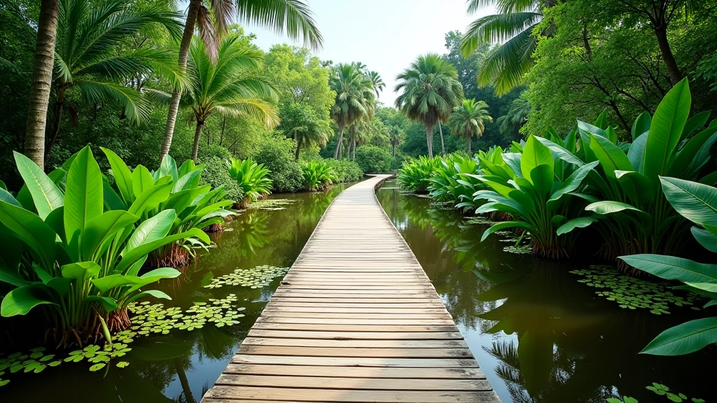 Tablado de madera sobre agua con vista a la ciénaga, flora tropical verde alrededor, luz natural del día